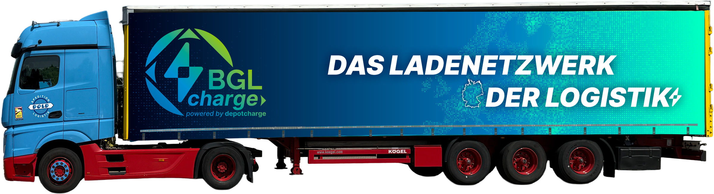 Sattelzug mit BGL Charge Folierung: Logo und der Claim „Das Ladenetzwerk der Logistik“ auf der Plane