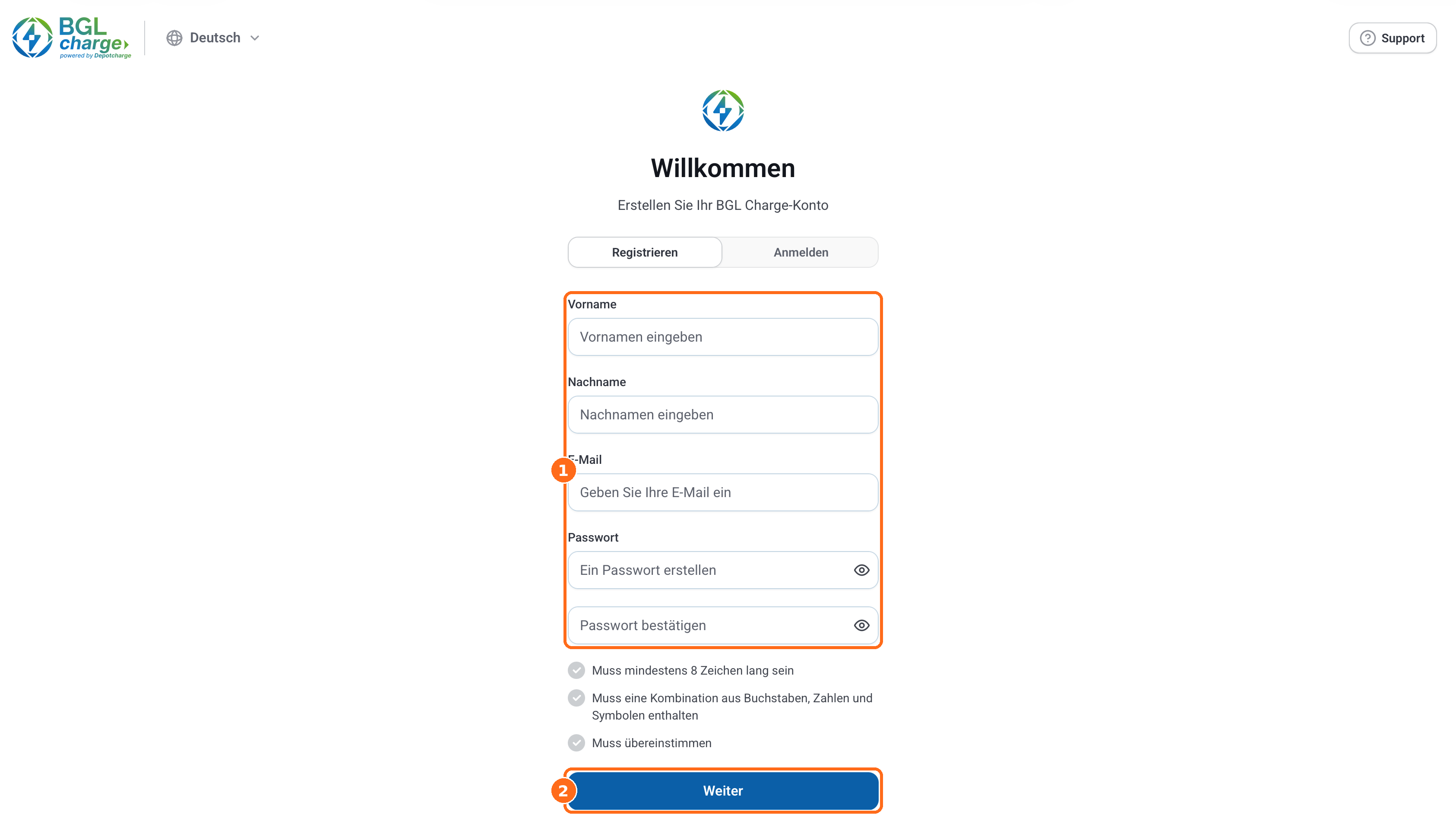 Screenshot: Registrierung BGL