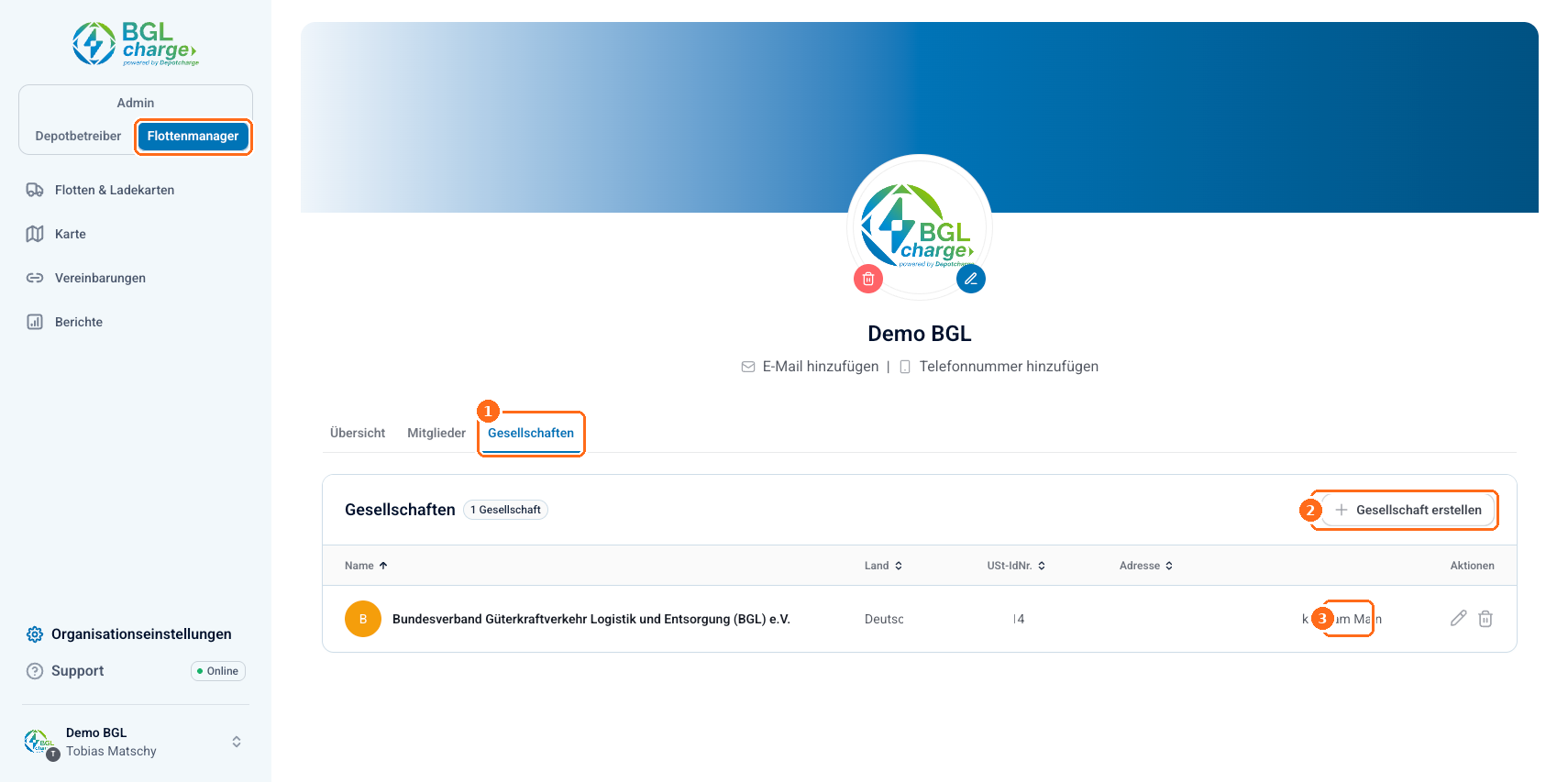 Screenshot: Gesellschaften Uebersicht