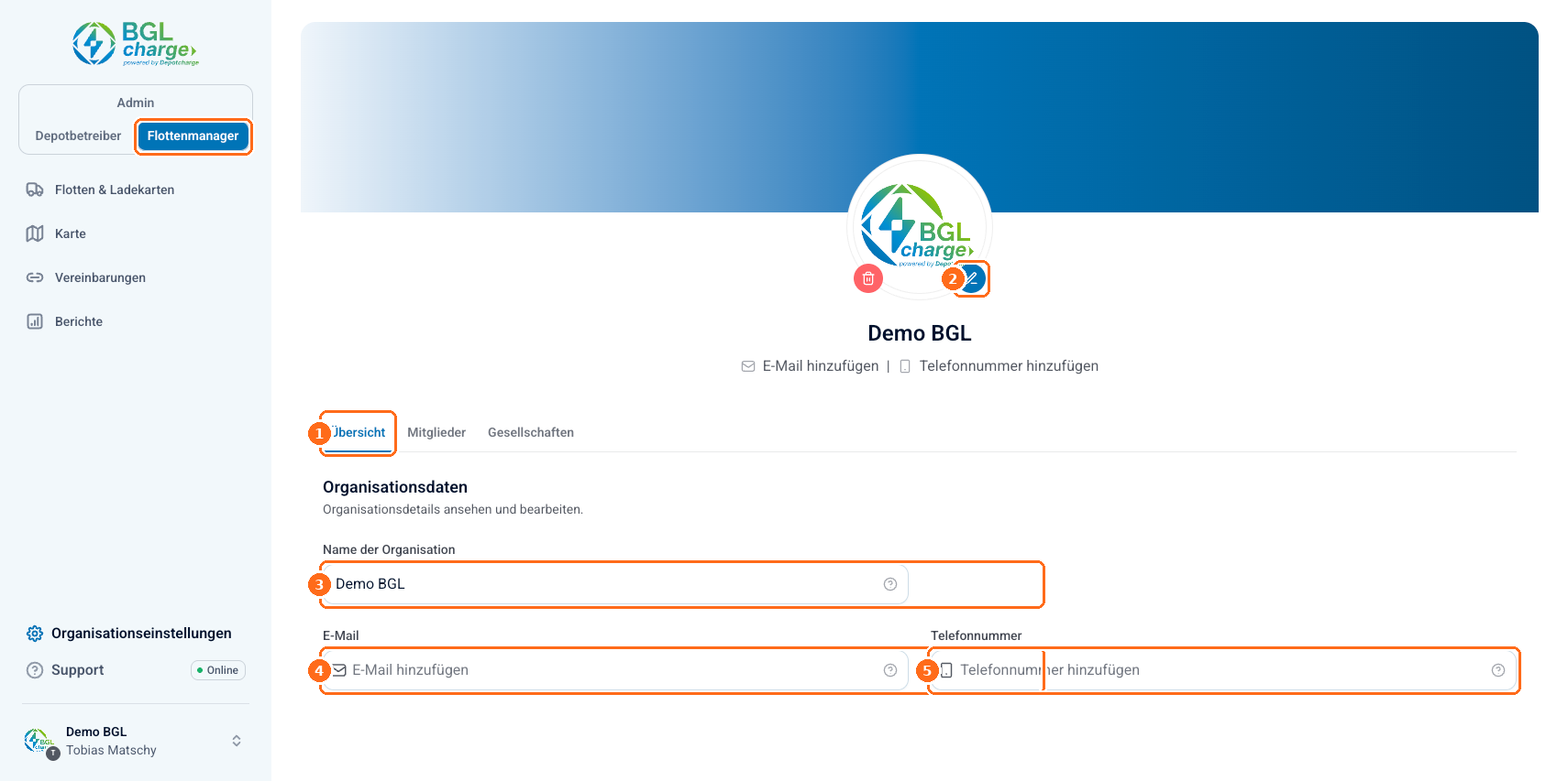 Screenshot: Organisationsdaten