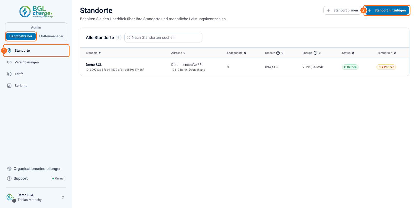 Screenshot: Standort anlegen
