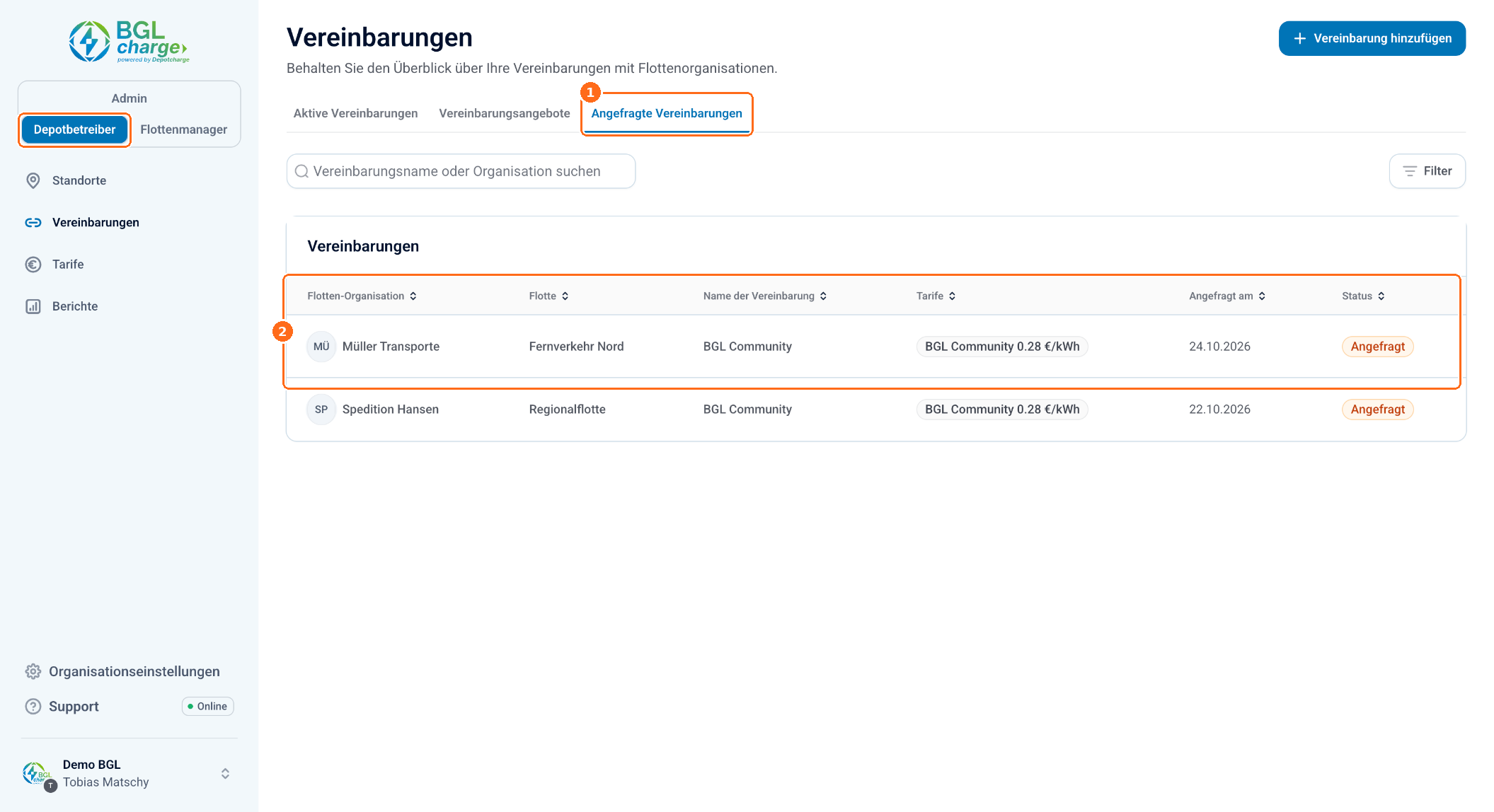 Screenshot: Angefragte Vereinbarungen