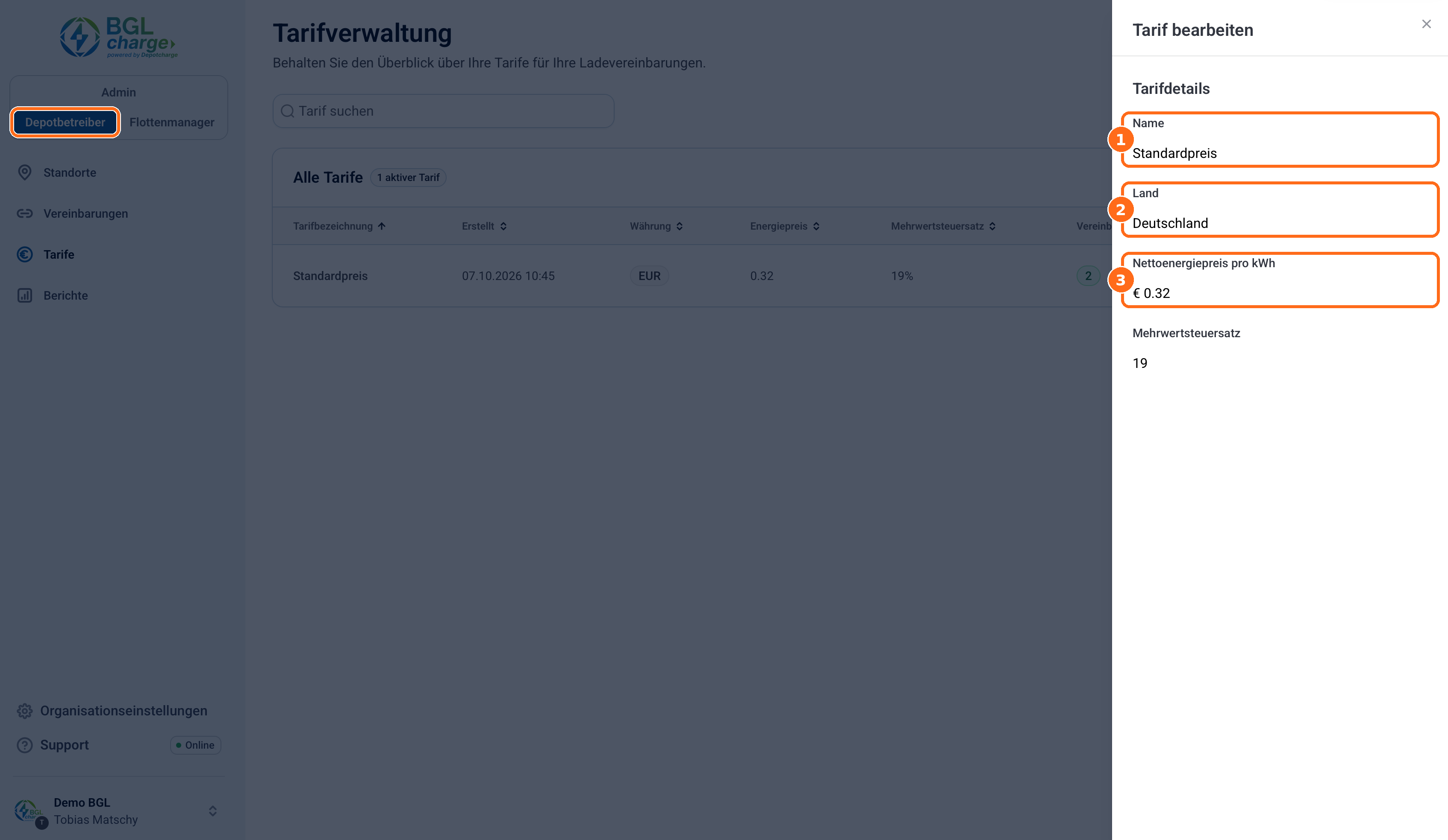 Screenshot: Tarif bearbeiten
