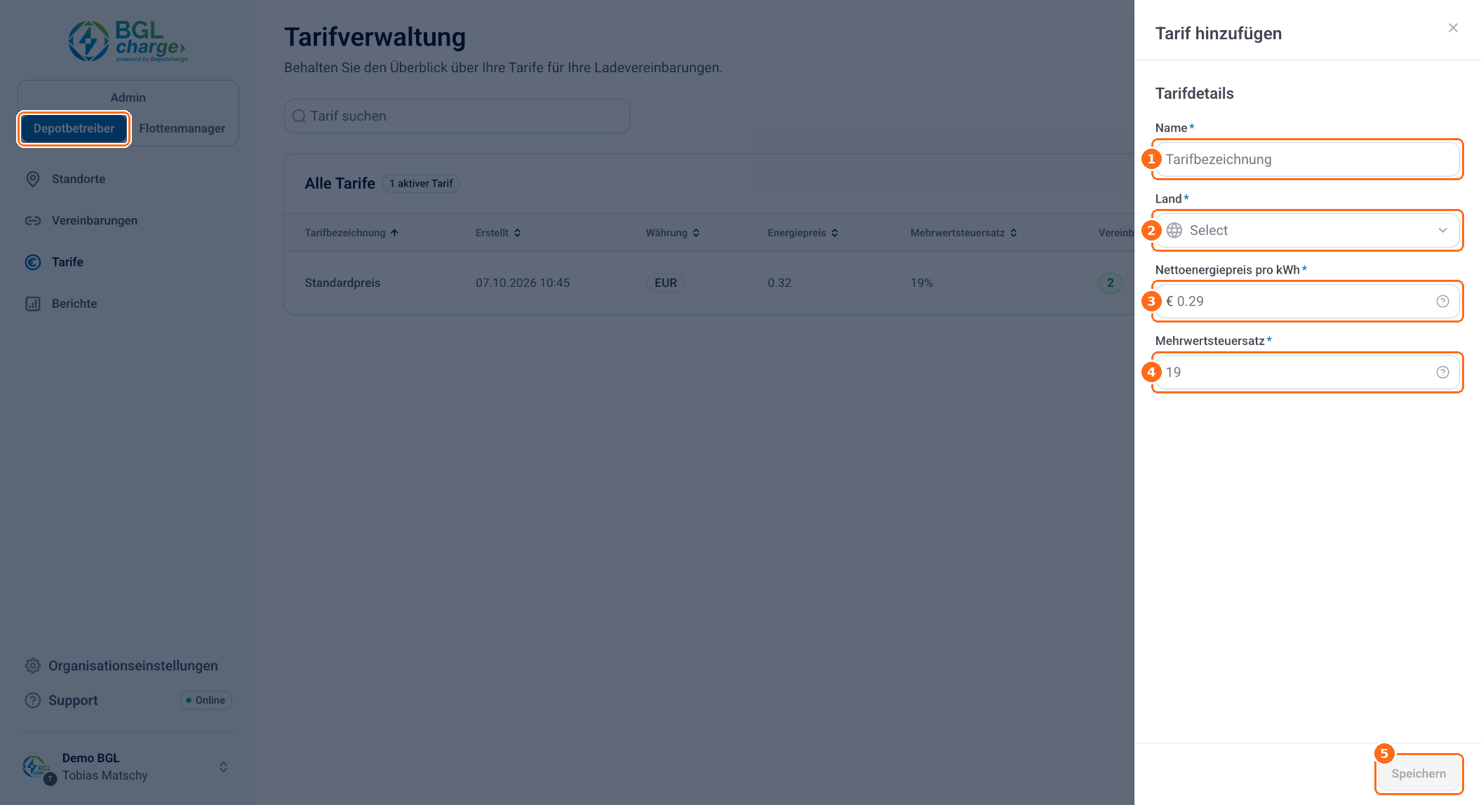 Screenshot: Tarif hinzufuegen