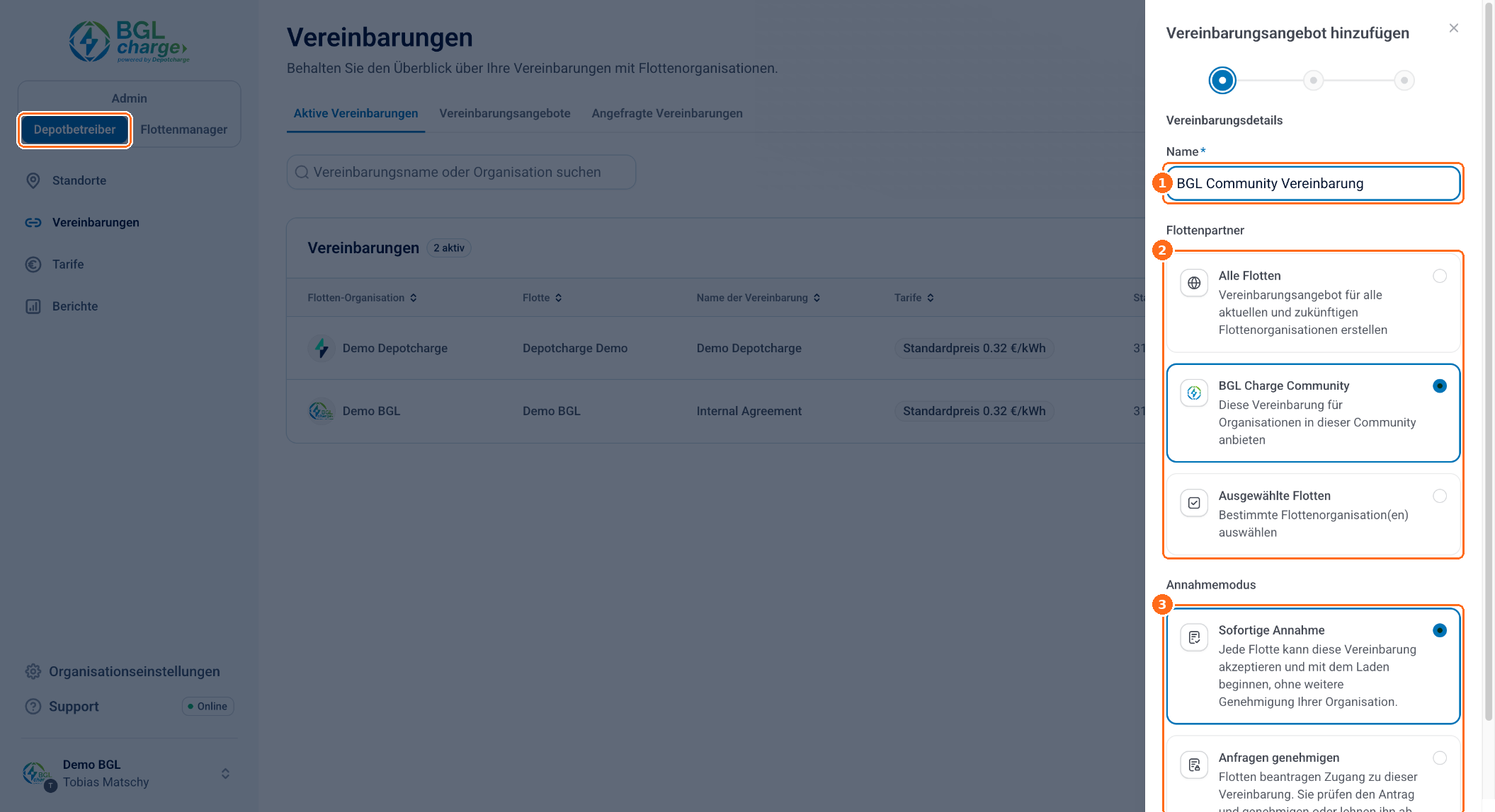 Screenshot: Vereinbarungsangebot erstellen