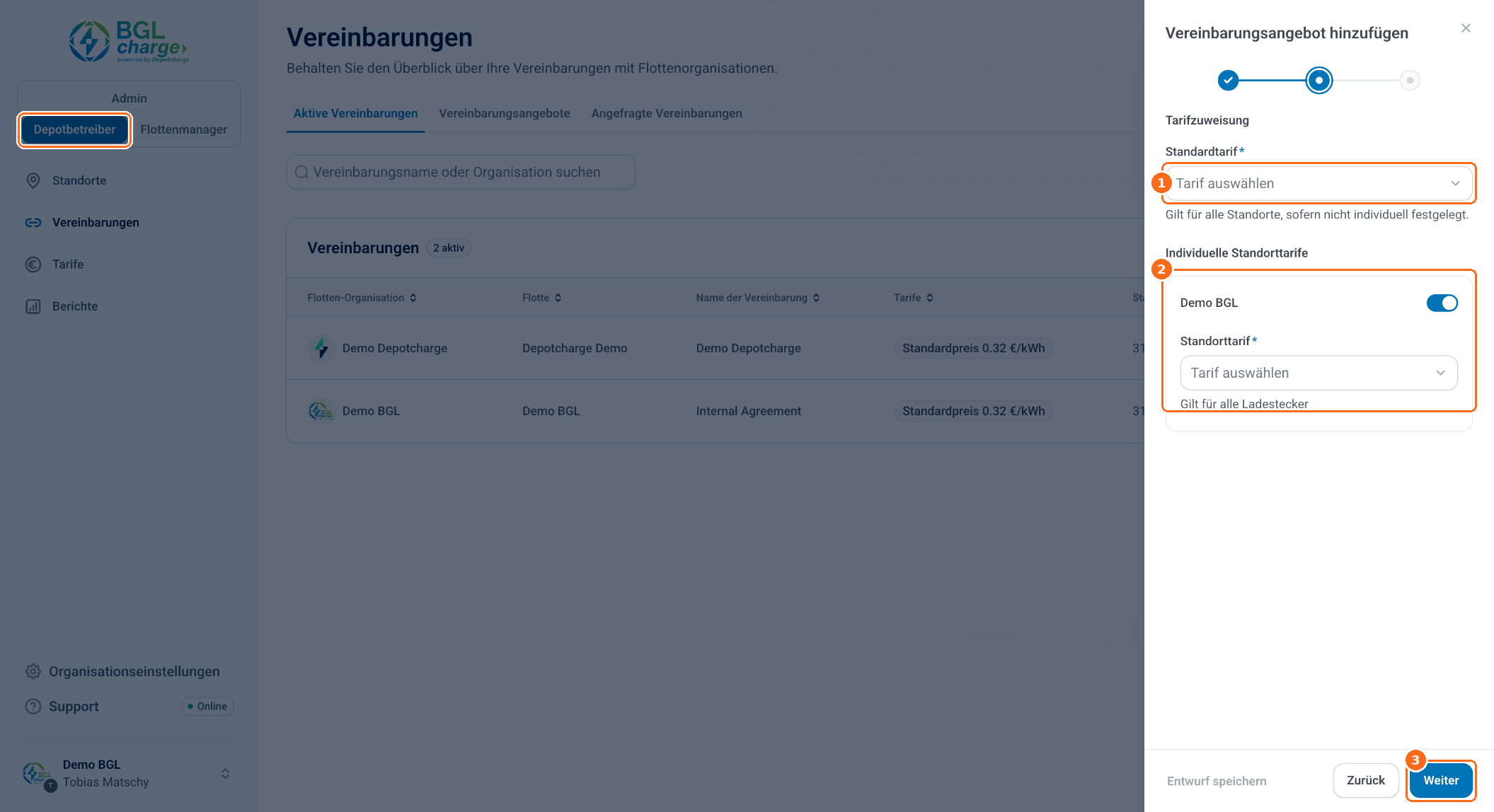 Screenshot: Vereinbarungsangebot erstellen