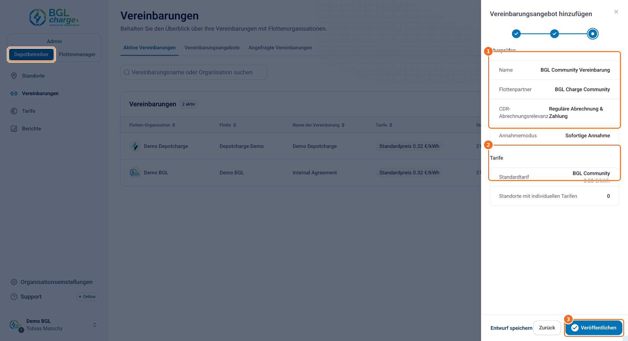 Screenshot: Vereinbarungsangebot erstellen