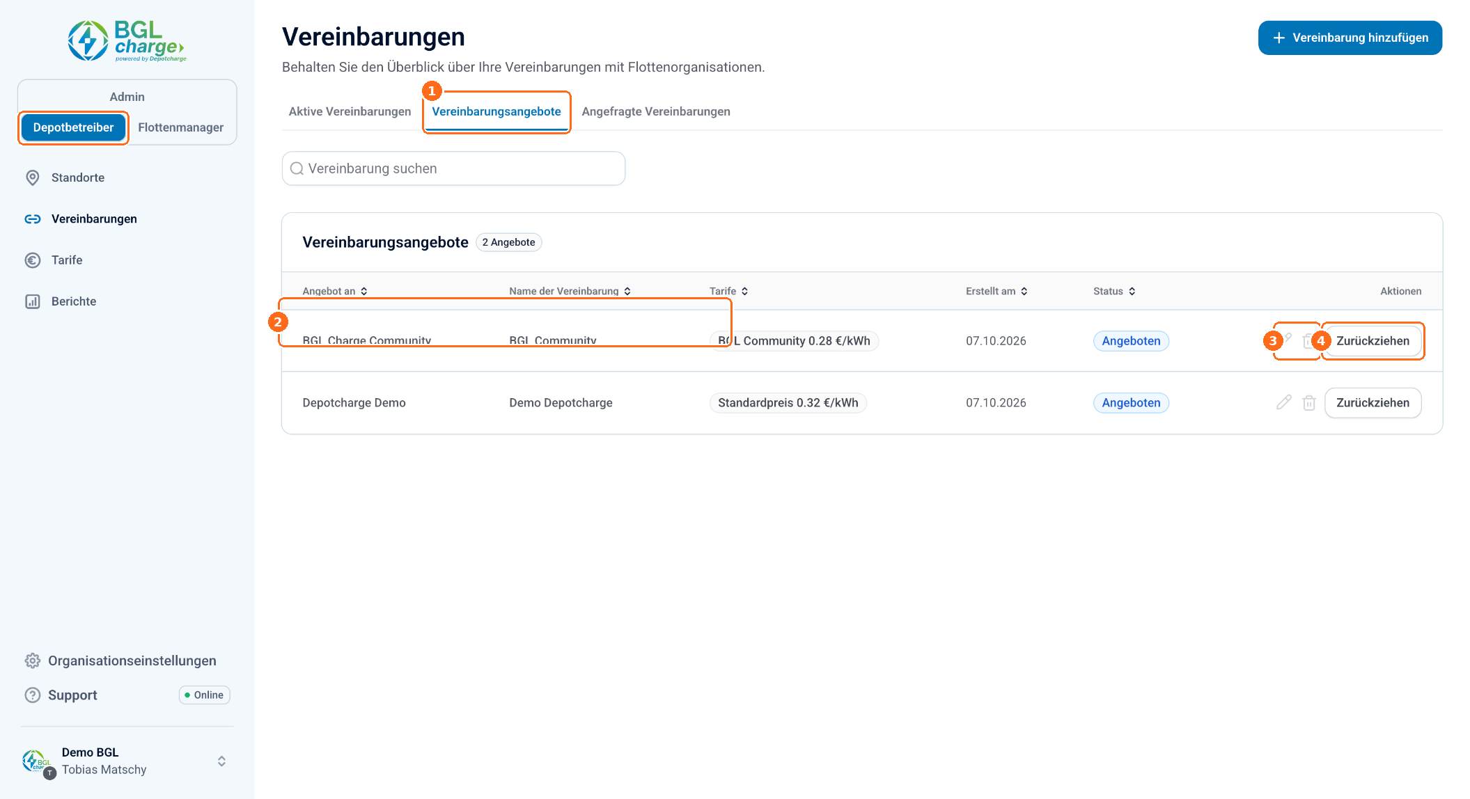 Screenshot: Vereinbarungsangebote