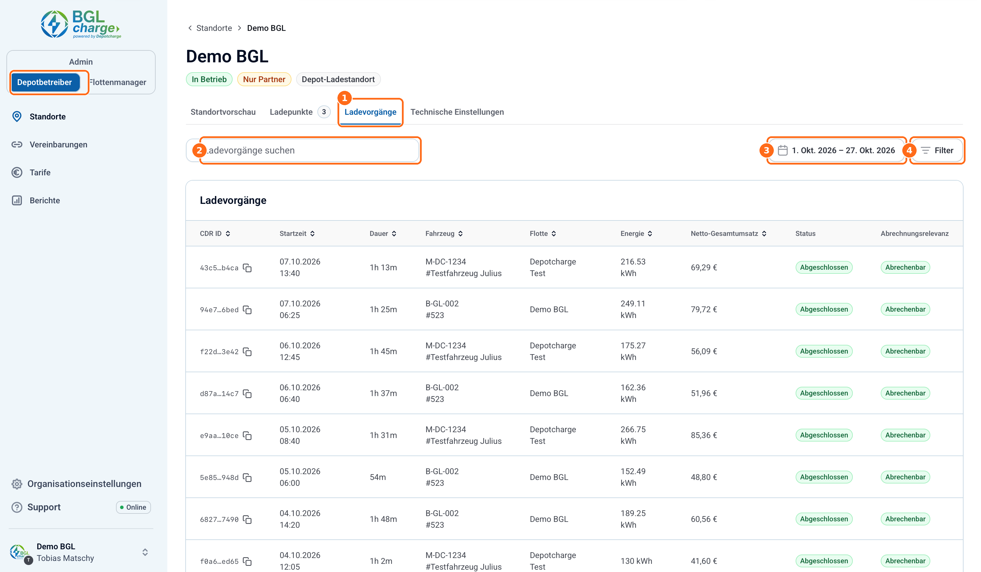 Screenshot: Ladevorgaenge Standort